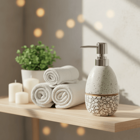 White Speckled Ceramic & Plastic Liquid Soap Dispenser – 400ml - Al Kabayel Discount CentreWhite Speckled Ceramic & Plastic Liquid Soap Dispenser – 400mlHolders & DispensersAKDCAl Kabayel Discount Centre