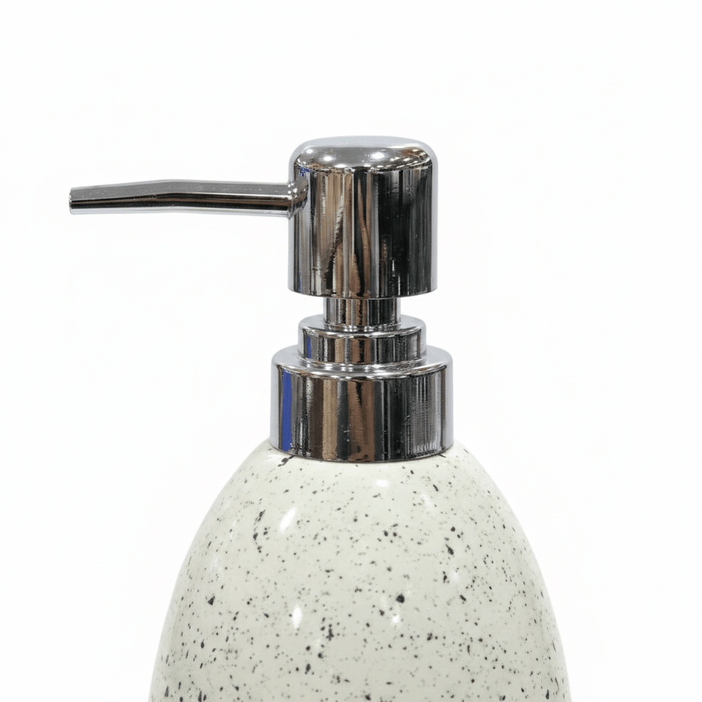 White Speckled Ceramic & Plastic Liquid Soap Dispenser – 400ml - Al Kabayel Discount CentreWhite Speckled Ceramic & Plastic Liquid Soap Dispenser – 400mlHolders & DispensersAKDCAl Kabayel Discount Centre