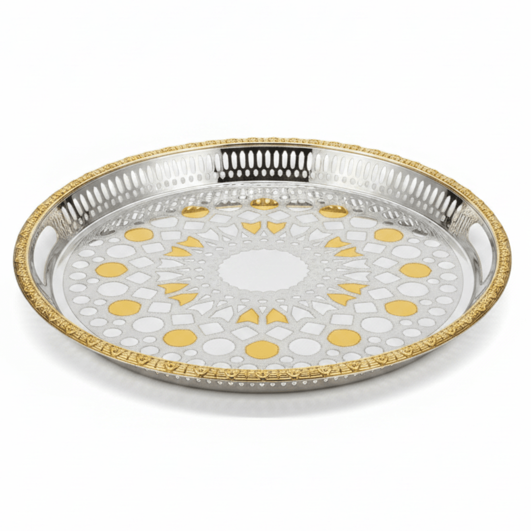 Windcera Luxury Oval Tray | Silver & Gold Stainless Steel | Arabic Geometric Pattern | 43×30cm - Al Kabayel Discount CentreWindcera Luxury Oval Tray | Silver & Gold Stainless Steel | Arabic Geometric Pattern | 43×30cmServing TraysWINDCERAAl Kabayel Discount Centre