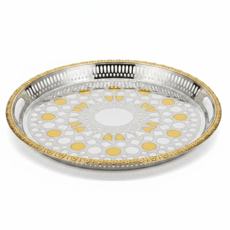 Windcera Luxury Oval Tray | Silver & Gold Stainless Steel | Arabic Geometric Pattern | 43×30cm - Al Kabayel Discount CentreWindcera Luxury Oval Tray | Silver & Gold Stainless Steel | Arabic Geometric Pattern | 43×30cmServing TraysWINDCERAAl Kabayel Discount Centre