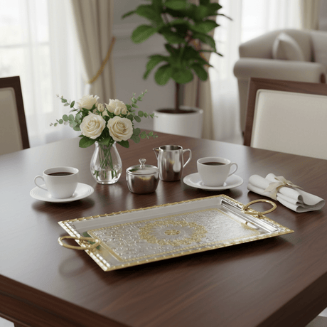 Windcera Premium Rectangular Silver & Gold Stainless Steel Serving Tray with Elegant Golden Handles, Multipurpose Food & Tea Serving Platter for Home Kitchen & Dining – 41 x 21 cm - Al Kabayel Discount CentreWindcera Premium Rectangular Silver & Gold Stainless Steel Serving Tray with Elegant Golden Handles, Multipurpose Food & Tea Serving Platter for Home Kitchen & Dining – 41 x 21 cmServing TraysWindceraAl Kabayel Discount Centre