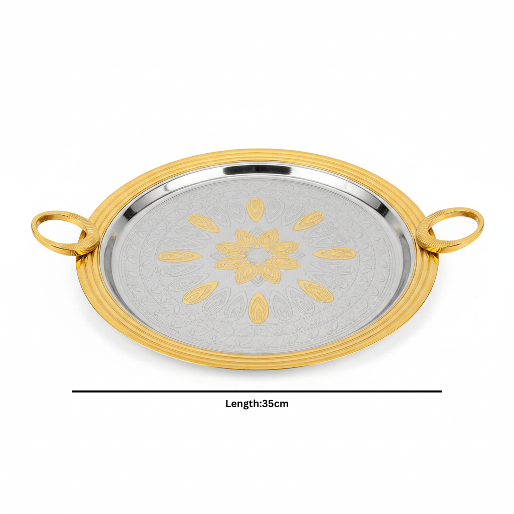 Windcera Round Gold & Silver Stainless Steel Serving Tray – 35cm - Al Kabayel Discount CentreWindcera Round Gold & Silver Stainless Steel Serving Tray – 35cmServing TraysWINDCERAAl Kabayel Discount Centre