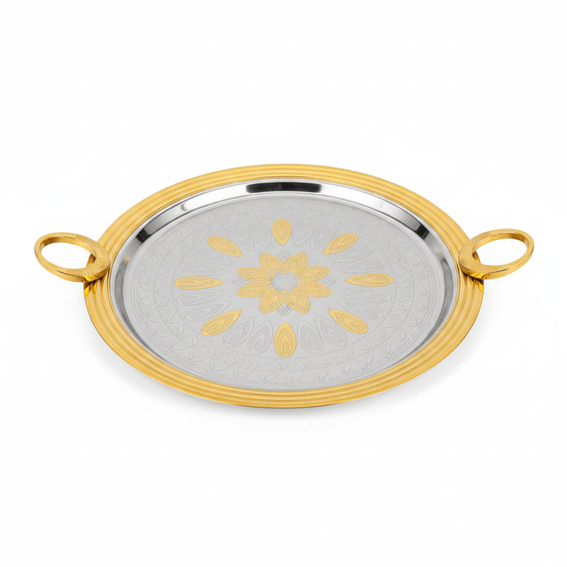 Windcera Round Gold & Silver Stainless Steel Serving Tray – 35cm - Al Kabayel Discount CentreWindcera Round Gold & Silver Stainless Steel Serving Tray – 35cmServing TraysWINDCERAAl Kabayel Discount Centre