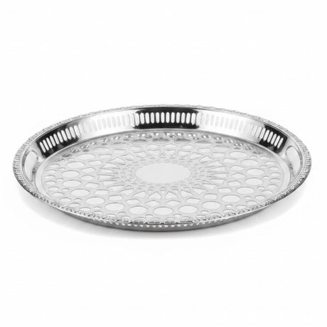 Windcera Silver Stainless Steel Oval Serving Tray | Arabic Geometric Lattice | 43×30cm - Al Kabayel Discount CentreWindcera Silver Stainless Steel Oval Serving Tray | Arabic Geometric Lattice | 43×30cmServing TraysWINDCERAAl Kabayel Discount Centre