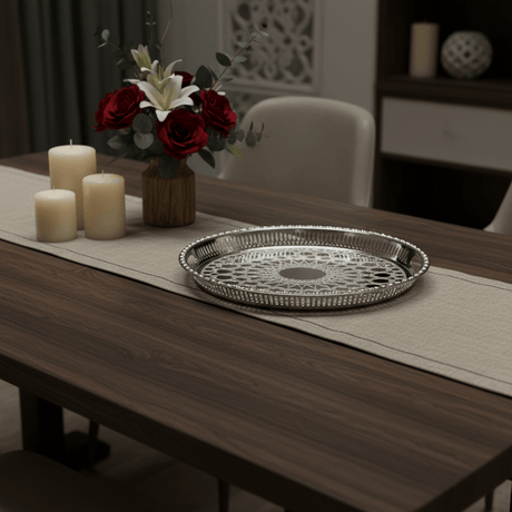 Windcera Silver Stainless Steel Oval Serving Tray | Arabic Geometric Lattice | 43×30cm - Al Kabayel Discount CentreWindcera Silver Stainless Steel Oval Serving Tray | Arabic Geometric Lattice | 43×30cmServing TraysWINDCERAAl Kabayel Discount Centre