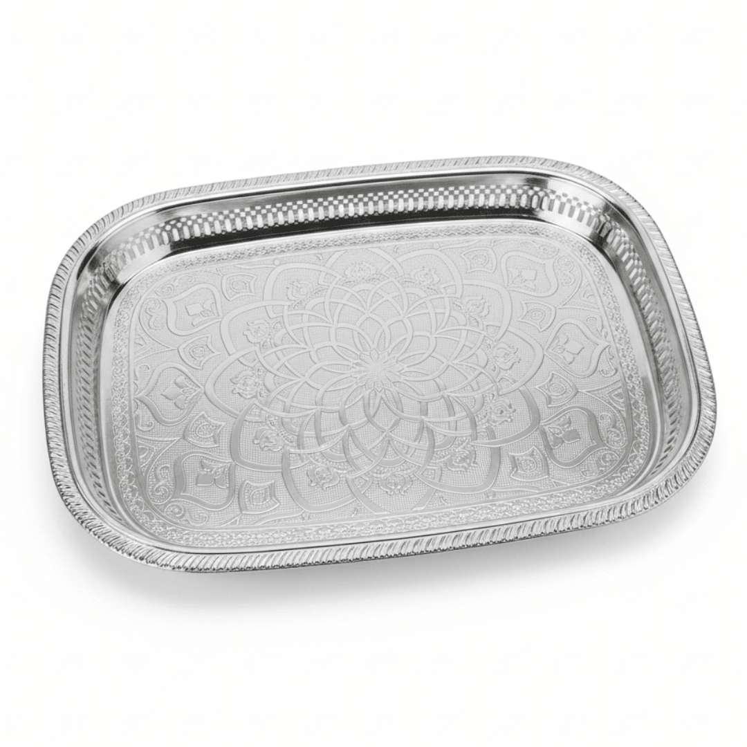 Windcera Silver Stainless Steel Serving Tray – 45×33cm | Arabic Mandala Engraving - Al Kabayel Discount CentreWindcera Silver Stainless Steel Serving Tray – 45×33cm | Arabic Mandala EngravingServing TraysWINDCERAAl Kabayel Discount Centre