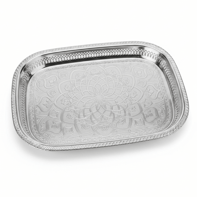 Windcera Silver Stainless Steel Serving Tray – 45×33cm | Arabic Mandala Engraving - Al Kabayel Discount CentreWindcera Silver Stainless Steel Serving Tray – 45×33cm | Arabic Mandala EngravingServing TraysWINDCERAAl Kabayel Discount Centre
