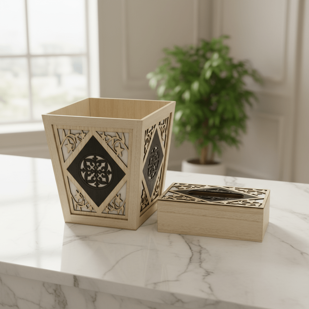 Wooden Dustbin with Matching Tissue Box Set – Natural Finish Home and Office Organizer – 28 × 25 cm & 26 × 13 cm - Al Kabayel Discount CentreWooden Dustbin with Matching Tissue Box Set – Natural Finish Home and Office Organizer – 28 × 25 cm & 26 × 13 cmOrganizers & AccessoriesAKDCAl Kabayel Discount Centre