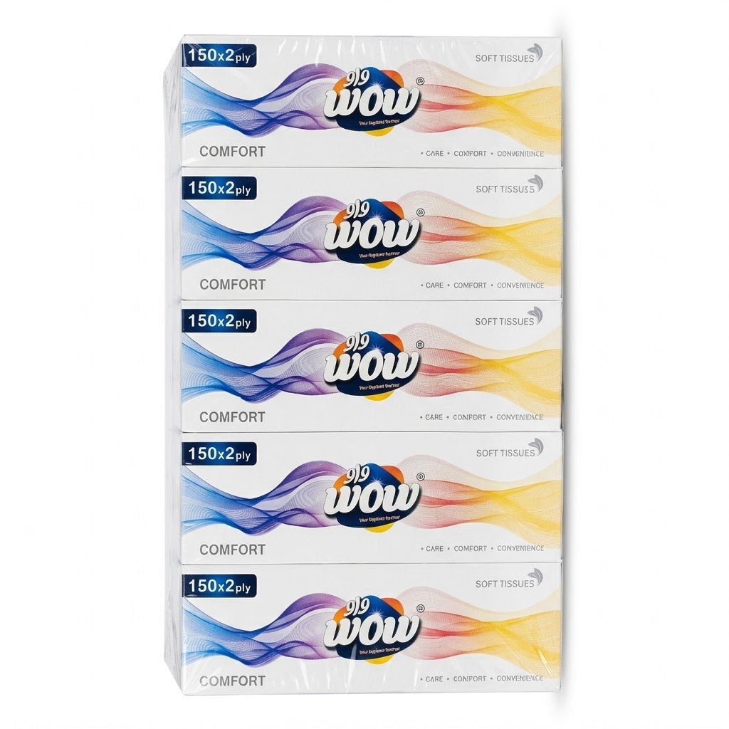 WOW Soft Deluxe Tissue Box – 150 Sheets, 2 Ply, Pack of 5 - Al Kabayel Discount CentreWOW Soft Deluxe Tissue Box – 150 Sheets, 2 Ply, Pack of 5Tissues & NapkinsWOWAl Kabayel Discount Centre