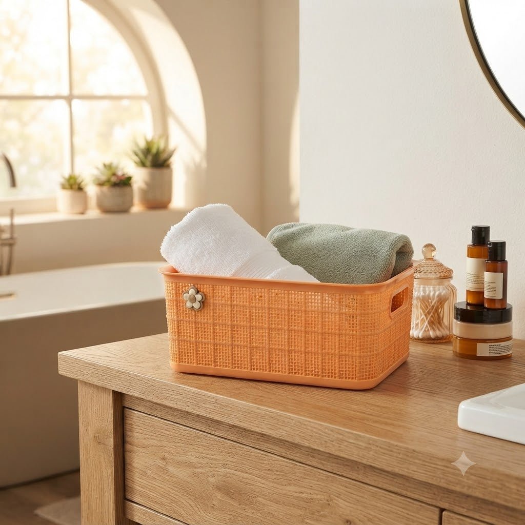 Yidele Plastic Storage Basket – 27×21 cm - Orange / Cream - Al Kabayel Discount CentreYidele Plastic Storage Basket – 27×21 cm - Orange / CreamOrganizers & AccessoriesYIDELEAl Kabayel Discount Centre