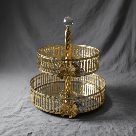 Yilsa Round 2 - Tier Glass Fruit Stand with Gold Metal Frame – Stylish Dessert & Fruit Serving Tray for Home Décor – 20 × 25 × 30 cm - Al Kabayel Discount CentreYilsa Round 2 - Tier Glass Fruit Stand with Gold Metal Frame – Stylish Dessert & Fruit Serving Tray for Home Décor – 20 × 25 × 30 cmServing TraysYILSAAl Kabayel Discount Centre