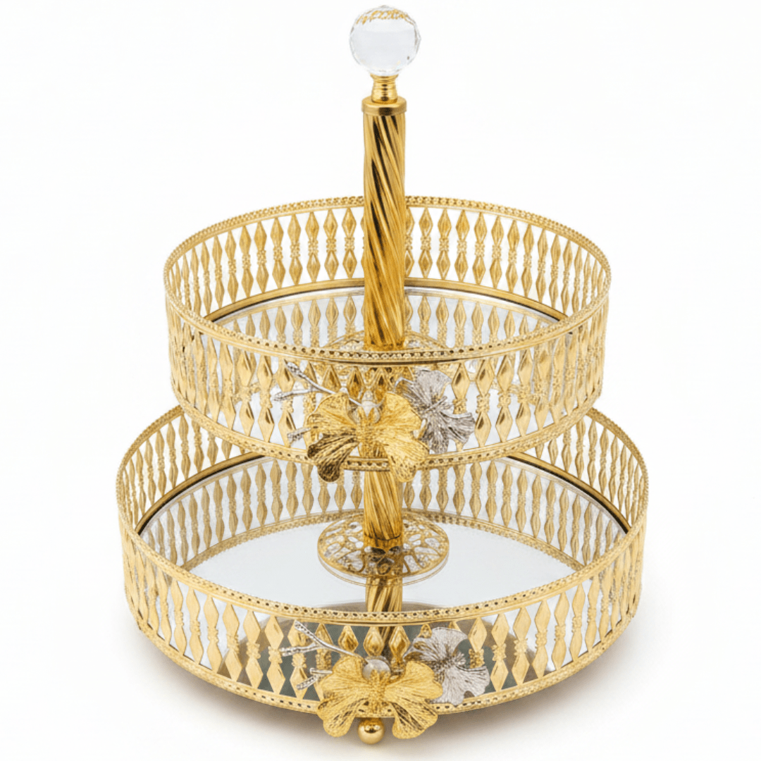 Yilsa Round 2 - Tier Glass Fruit Stand with Gold Metal Frame – Stylish Dessert & Fruit Serving Tray for Home Décor – 20 × 25 × 30 cm - Al Kabayel Discount CentreYilsa Round 2 - Tier Glass Fruit Stand with Gold Metal Frame – Stylish Dessert & Fruit Serving Tray for Home Décor – 20 × 25 × 30 cmServing TraysYILSAAl Kabayel Discount Centre