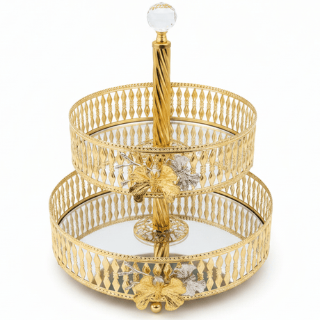 Yilsa Round 2 - Tier Glass Fruit Stand with Gold Metal Frame – Stylish Dessert & Fruit Serving Tray for Home Décor – 20 × 25 × 30 cm - Al Kabayel Discount CentreYilsa Round 2 - Tier Glass Fruit Stand with Gold Metal Frame – Stylish Dessert & Fruit Serving Tray for Home Décor – 20 × 25 × 30 cmServing TraysYILSAAl Kabayel Discount Centre
