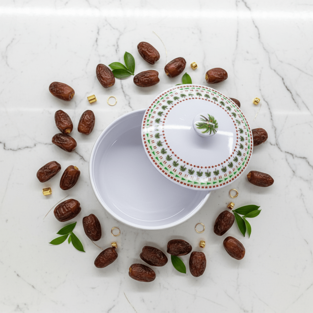 Yuniverse Melamine Round Dates Bowl with Lid | Palm Tree Design | 18×6 cm - Al Kabayel Discount CentreYuniverse Melamine Round Dates Bowl with Lid | Palm Tree Design | 18×6 cmJars & Food SaversYUNIVERSEAl Kabayel Discount Centre
