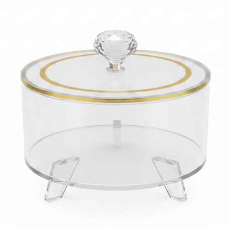 Yuniverse Round Acrylic Candy Box with Lid | Crystal Knob | Gold Rim | 16×10 cm - Al Kabayel Discount CentreYuniverse Round Acrylic Candy Box with Lid | Crystal Knob | Gold Rim | 16×10 cmJars & Food SaversYUNIVERSEAl Kabayel Discount Centre