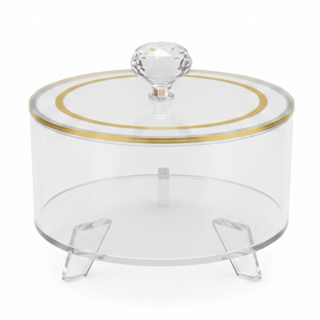 Yuniverse Round Acrylic Candy Box with Lid | Crystal Knob | Gold Rim | 16×10 cm - Al Kabayel Discount CentreYuniverse Round Acrylic Candy Box with Lid | Crystal Knob | Gold Rim | 16×10 cmJars & Food SaversYUNIVERSEAl Kabayel Discount Centre