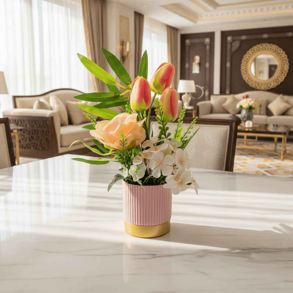 Zeem Artificial Flower Arrangement | Pink Tulips, Peach Rose & White Orchids in Pink Ribbed Vase | 30cm - Al Kabayel Discount CentreZeem Artificial Flower Arrangement | Pink Tulips, Peach Rose & White Orchids in Pink Ribbed Vase | 30cmArtificial FloraZEEMAl Kabayel Discount Centre