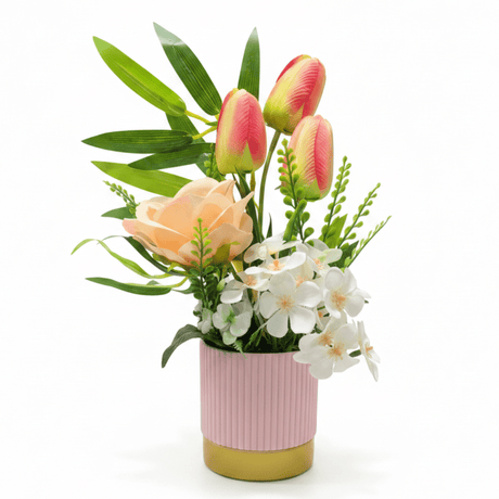 Zeem Artificial Flower Arrangement | Pink Tulips, Peach Rose & White Orchids in Pink Ribbed Vase | 30cm - Al Kabayel Discount CentreZeem Artificial Flower Arrangement | Pink Tulips, Peach Rose & White Orchids in Pink Ribbed Vase | 30cmArtificial FloraZEEMAl Kabayel Discount Centre