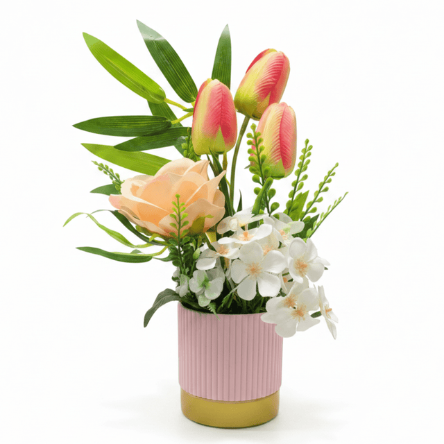 Zeem Artificial Flower Arrangement | Pink Tulips, Peach Rose & White Orchids in Pink Ribbed Vase | 30cm - Al Kabayel Discount CentreZeem Artificial Flower Arrangement | Pink Tulips, Peach Rose & White Orchids in Pink Ribbed Vase | 30cmArtificial FloraZEEMAl Kabayel Discount Centre