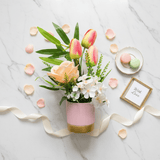 Zeem Artificial Flower Arrangement | Pink Tulips, Peach Rose & White Orchids in Pink Ribbed Vase | 30cm - Al Kabayel Discount CentreZeem Artificial Flower Arrangement | Pink Tulips, Peach Rose & White Orchids in Pink Ribbed Vase | 30cmArtificial FloraZEEMAl Kabayel Discount Centre