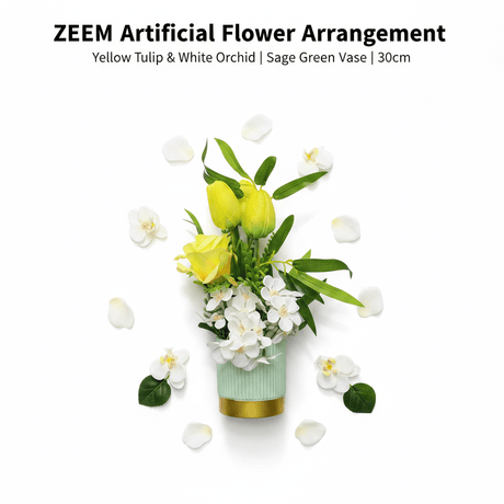 ZEEM Artificial Flower Arrangement Yellow Tulip & White Orchid | Sage Green Vase | 30cm - Al Kabayel Discount CentreZEEM Artificial Flower Arrangement Yellow Tulip & White Orchid | Sage Green Vase | 30cmArtificial FloraZEEMAl Kabayel Discount Centre
