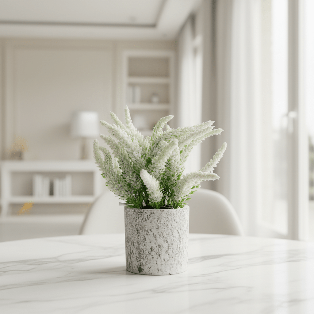 Zeem Artificial Flower Plant with White Chalk Pot - 20×8 cm - White / Yellow / Purple / Burgundy - Al Kabayel Discount CentreZeem Artificial Flower Plant with White Chalk Pot - 20×8 cm - White / Yellow / Purple / BurgundyArtificial FloraZEEMAl Kabayel Discount Centre