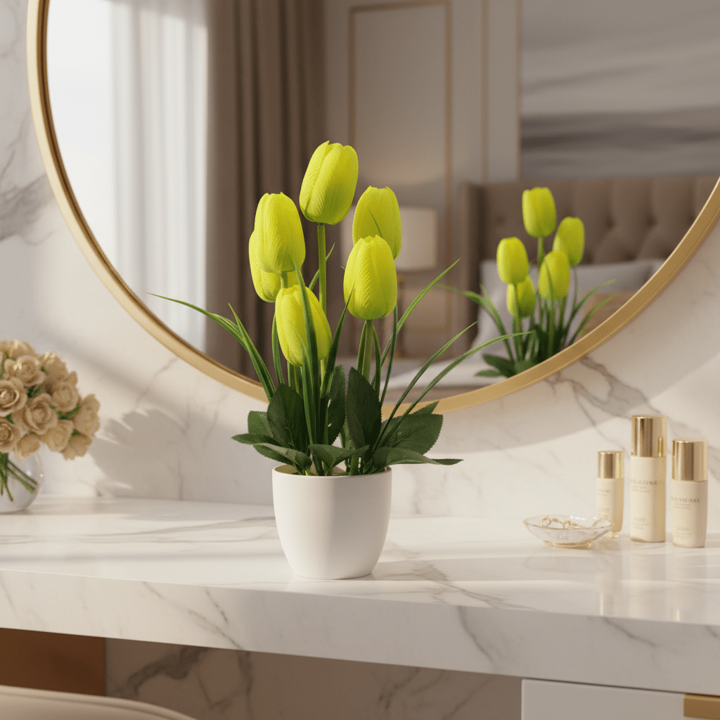 Zeem Artificial Yellow & Green Tulip Flower Arrangement in White Plastic Vase — 33cm - Al Kabayel Discount CentreZeem Artificial Yellow & Green Tulip Flower Arrangement in White Plastic Vase — 33cmArtificial FloraZEEMAl Kabayel Discount Centre