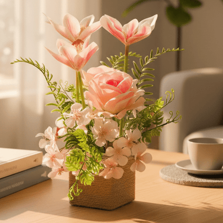 Zeem Decorative Artificial Pink Flower Plant with Brown Cardboard Pot – 30 × 8 cm Elegant Indoor Table & Shelf Accent - Al Kabayel Discount CentreZeem Decorative Artificial Pink Flower Plant with Brown Cardboard Pot – 30 × 8 cm Elegant Indoor Table & Shelf AccentArtificial FloraZEEMAl Kabayel Discount Centre