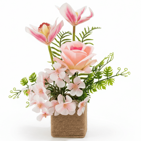 Zeem Decorative Artificial Pink Flower Plant with Brown Cardboard Pot – 30 × 8 cm Elegant Indoor Table & Shelf Accent - Al Kabayel Discount CentreZeem Decorative Artificial Pink Flower Plant with Brown Cardboard Pot – 30 × 8 cm Elegant Indoor Table & Shelf AccentArtificial FloraZEEMAl Kabayel Discount Centre
