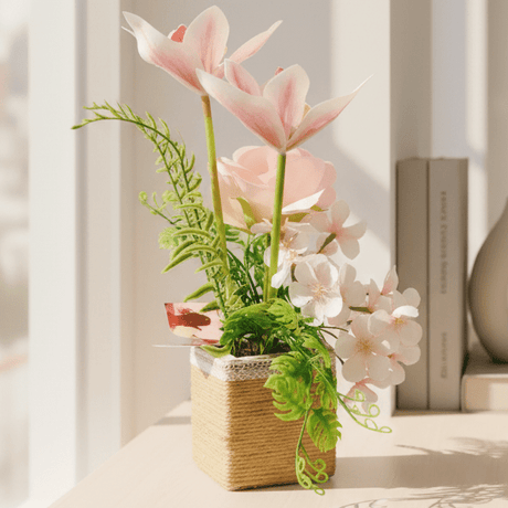 Zeem Decorative Artificial Pink Flower Plant with Brown Cardboard Pot – 30 × 8 cm Elegant Indoor Table & Shelf Accent - Al Kabayel Discount CentreZeem Decorative Artificial Pink Flower Plant with Brown Cardboard Pot – 30 × 8 cm Elegant Indoor Table & Shelf AccentArtificial FloraZEEMAl Kabayel Discount Centre