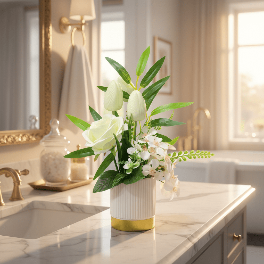 Zeem Off - White & White Artificial Flower Plant | White Ribbed Vase with Gold Base | 30cm - Al Kabayel Discount CentreZeem Off - White & White Artificial Flower Plant | White Ribbed Vase with Gold Base | 30cmArtificial FloraZEEMAl Kabayel Discount Centre