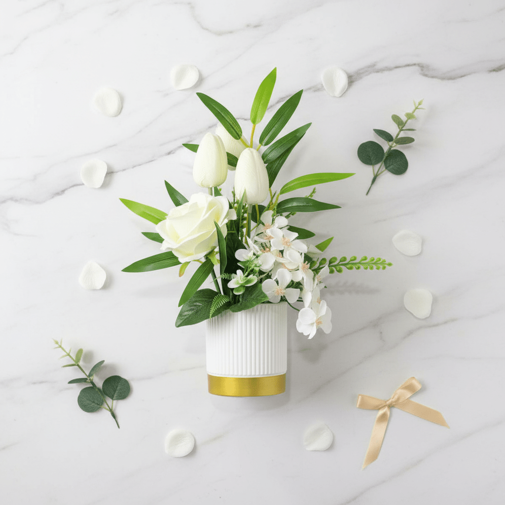 Zeem Off - White & White Artificial Flower Plant | White Ribbed Vase with Gold Base | 30cm - Al Kabayel Discount CentreZeem Off - White & White Artificial Flower Plant | White Ribbed Vase with Gold Base | 30cmArtificial FloraZEEMAl Kabayel Discount Centre