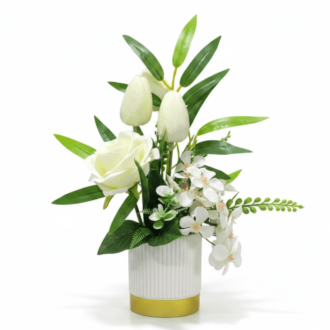 Zeem Off - White & White Artificial Flower Plant | White Ribbed Vase with Gold Base | 30cm - Al Kabayel Discount CentreZeem Off - White & White Artificial Flower Plant | White Ribbed Vase with Gold Base | 30cmArtificial FloraZEEMAl Kabayel Discount Centre