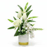 Zeem Off - White & White Artificial Flower Plant | White Ribbed Vase with Gold Base | 30cm - Al Kabayel Discount CentreZeem Off - White & White Artificial Flower Plant | White Ribbed Vase with Gold Base | 30cmArtificial FloraZEEMAl Kabayel Discount Centre
