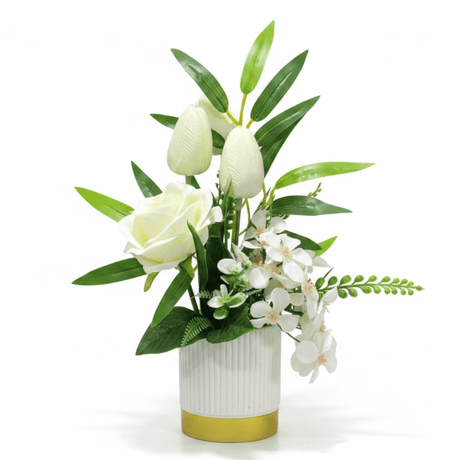 Zeem Off - White & White Artificial Flower Plant | White Ribbed Vase with Gold Base | 30cm - Al Kabayel Discount CentreZeem Off - White & White Artificial Flower Plant | White Ribbed Vase with Gold Base | 30cmArtificial FloraZEEMAl Kabayel Discount Centre