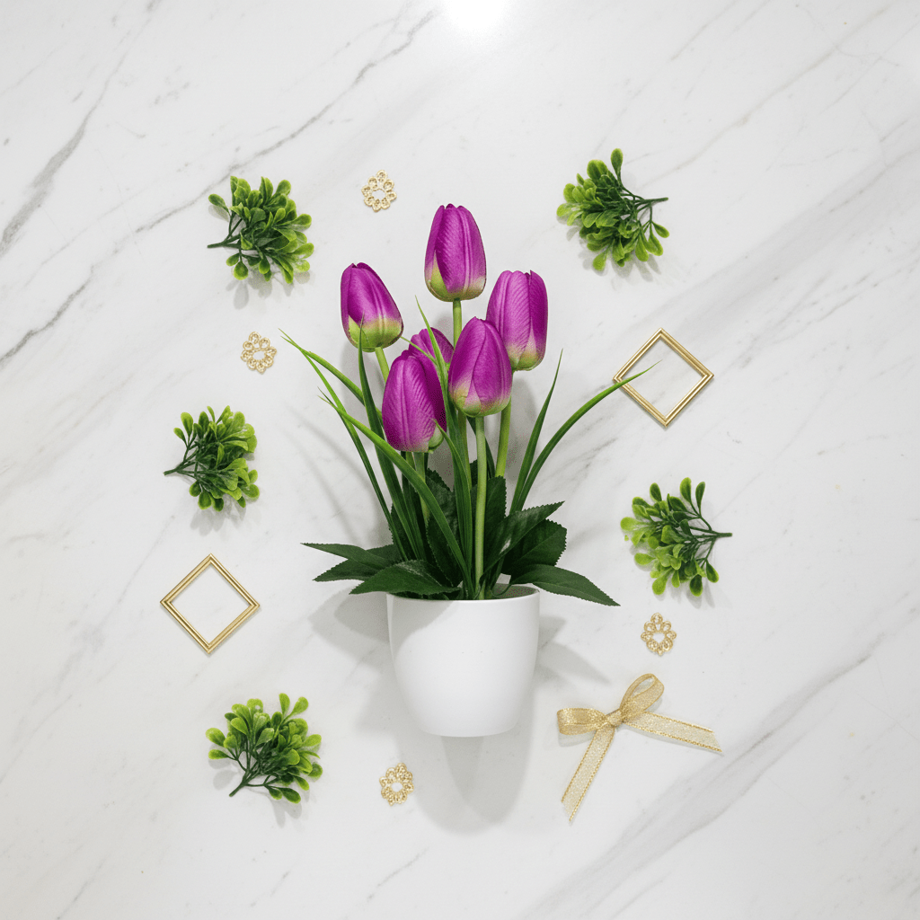 Zeem Purple & Green Artificial Tulip Bouquet in White Plastic Vase | 33cm | Premium Faux Floral Décor - Al Kabayel Discount CentreZeem Purple & Green Artificial Tulip Bouquet in White Plastic Vase | 33cm | Premium Faux Floral DécorArtificial FloraAKDCAl Kabayel Discount Centre