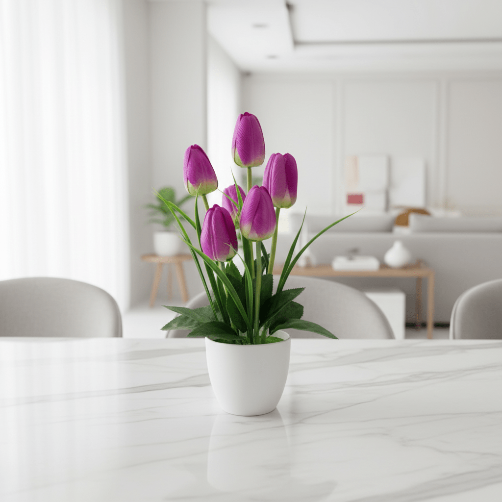 Zeem Purple & Green Artificial Tulip Bouquet in White Plastic Vase | 33cm | Premium Faux Floral Décor - Al Kabayel Discount CentreZeem Purple & Green Artificial Tulip Bouquet in White Plastic Vase | 33cm | Premium Faux Floral DécorArtificial FloraAKDCAl Kabayel Discount Centre