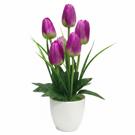 Zeem Purple & Green Artificial Tulip Bouquet in White Plastic Vase | 33cm | Premium Faux Floral Décor - Al Kabayel Discount CentreZeem Purple & Green Artificial Tulip Bouquet in White Plastic Vase | 33cm | Premium Faux Floral DécorArtificial FloraAKDCAl Kabayel Discount Centre