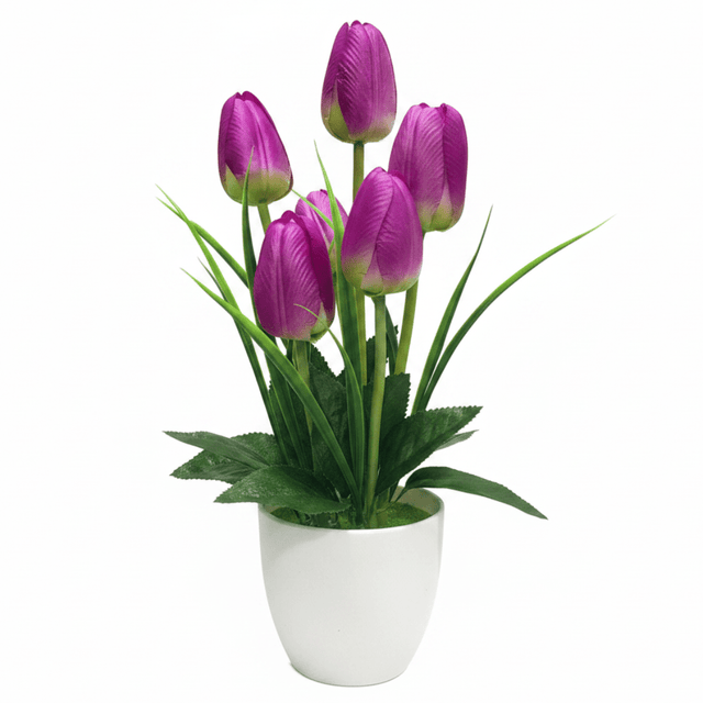 Zeem Purple & Green Artificial Tulip Bouquet in White Plastic Vase | 33cm | Premium Faux Floral Décor - Al Kabayel Discount CentreZeem Purple & Green Artificial Tulip Bouquet in White Plastic Vase | 33cm | Premium Faux Floral DécorArtificial FloraAKDCAl Kabayel Discount Centre