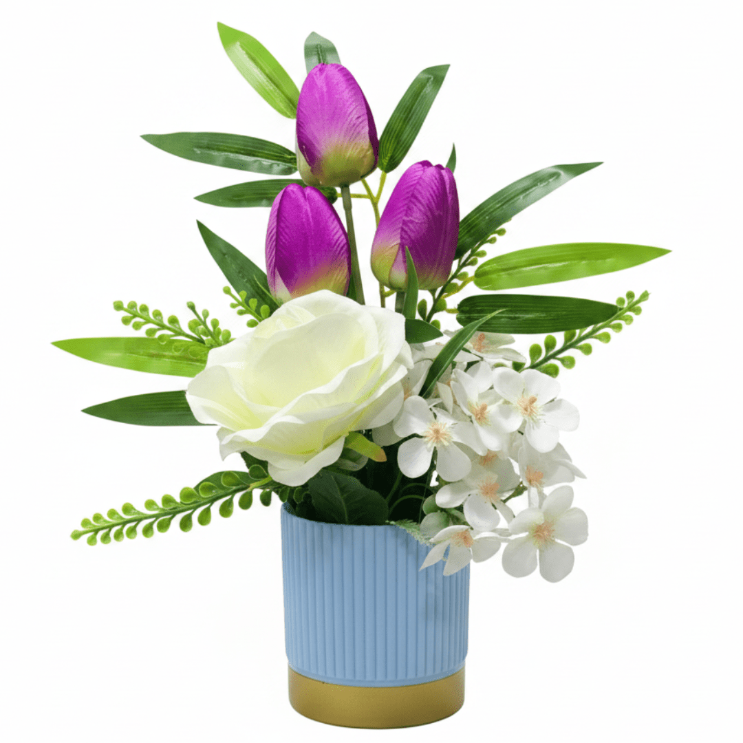 Zeem Purple & White Artificial Flower Plant — Blue Ribbed Vase | 30cm | Premium Home Décor - Al Kabayel Discount CentreZeem Purple & White Artificial Flower Plant — Blue Ribbed Vase | 30cm | Premium Home DécorArtificial FloraZEEMAl Kabayel Discount Centre