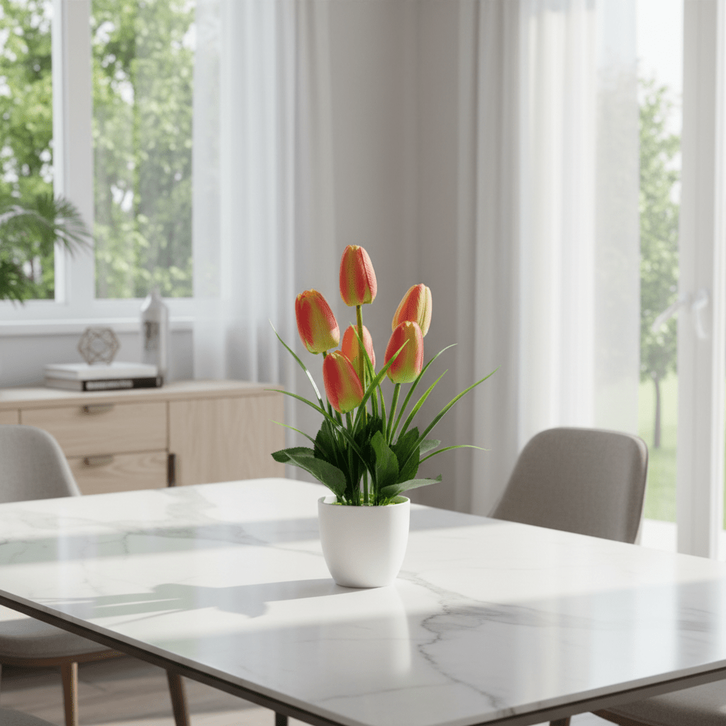 Zeem Red & Green Artificial Tulip Bouquet with White Plastic Vase | 33cm - Al Kabayel Discount CentreZeem Red & Green Artificial Tulip Bouquet with White Plastic Vase | 33cmArtificial FloraZEEMAl Kabayel Discount Centre