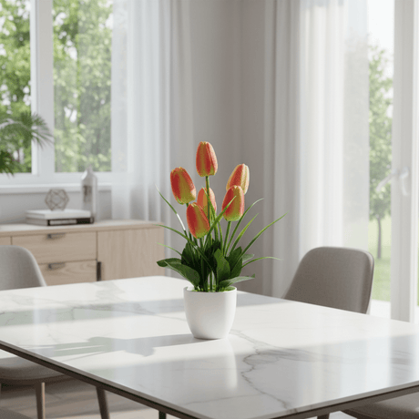 Zeem Red & Green Artificial Tulip Bouquet with White Plastic Vase | 33cm - Al Kabayel Discount CentreZeem Red & Green Artificial Tulip Bouquet with White Plastic Vase | 33cmArtificial FloraZEEMAl Kabayel Discount Centre