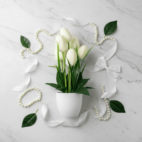 Zeem White & Green Artificial Tulip Bouquet | White Plastic Vase | 33cm - Al Kabayel Discount CentreZeem White & Green Artificial Tulip Bouquet | White Plastic Vase | 33cmArtificial FloraZEEMAl Kabayel Discount Centre