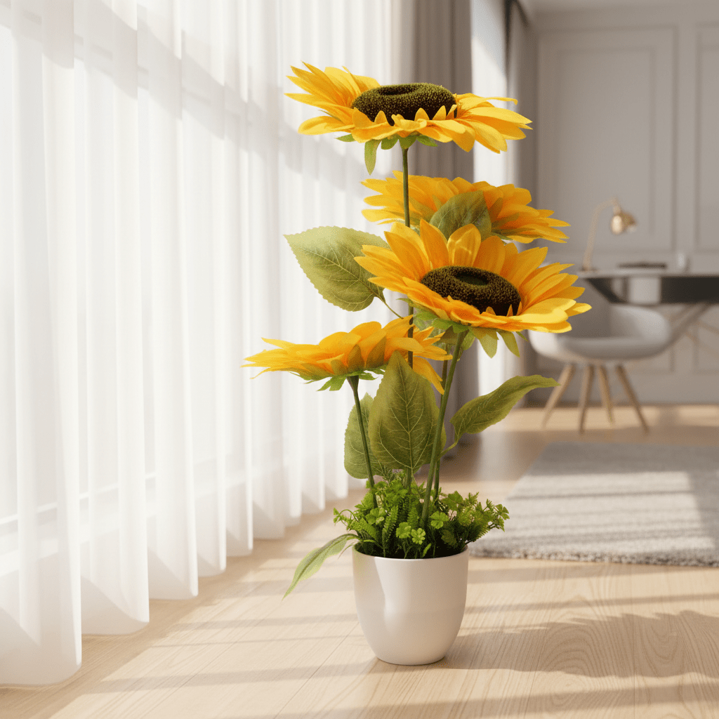 Zeem Yellow Artificial Sunflower Plant | 3 - Head Arrangement | 68cm | Elegant White Pot - Al Kabayel Discount CentreZeem Yellow Artificial Sunflower Plant | 3 - Head Arrangement | 68cm | Elegant White PotArtificial FloraZEEMAl Kabayel Discount Centre