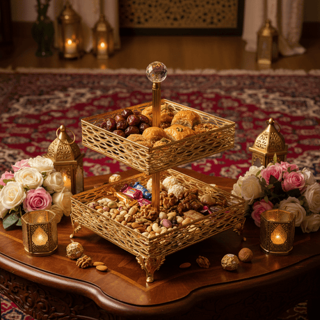 Zeyve 2 - Tier Square Glass Fruit Stand with Gold Metal Frame – Elegant Serving Tray for Fruits, Desserts & Pastries – 14 × 18 × 30 cm - Al Kabayel Discount CentreZeyve 2 - Tier Square Glass Fruit Stand with Gold Metal Frame – Elegant Serving Tray for Fruits, Desserts & Pastries – 14 × 18 × 30 cmServing TraysZEYVEAl Kabayel Discount Centre