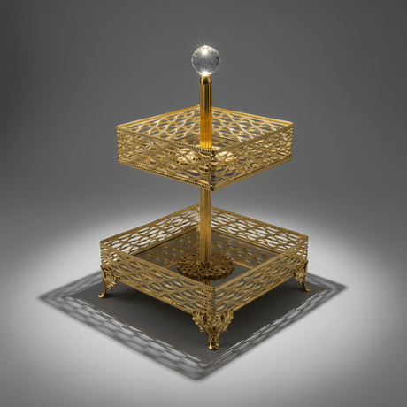 Zeyve 2 - Tier Square Glass Fruit Stand with Gold Metal Frame – Elegant Serving Tray for Fruits, Desserts & Pastries – 14 × 18 × 30 cm - Al Kabayel Discount CentreZeyve 2 - Tier Square Glass Fruit Stand with Gold Metal Frame – Elegant Serving Tray for Fruits, Desserts & Pastries – 14 × 18 × 30 cmServing TraysZEYVEAl Kabayel Discount Centre
