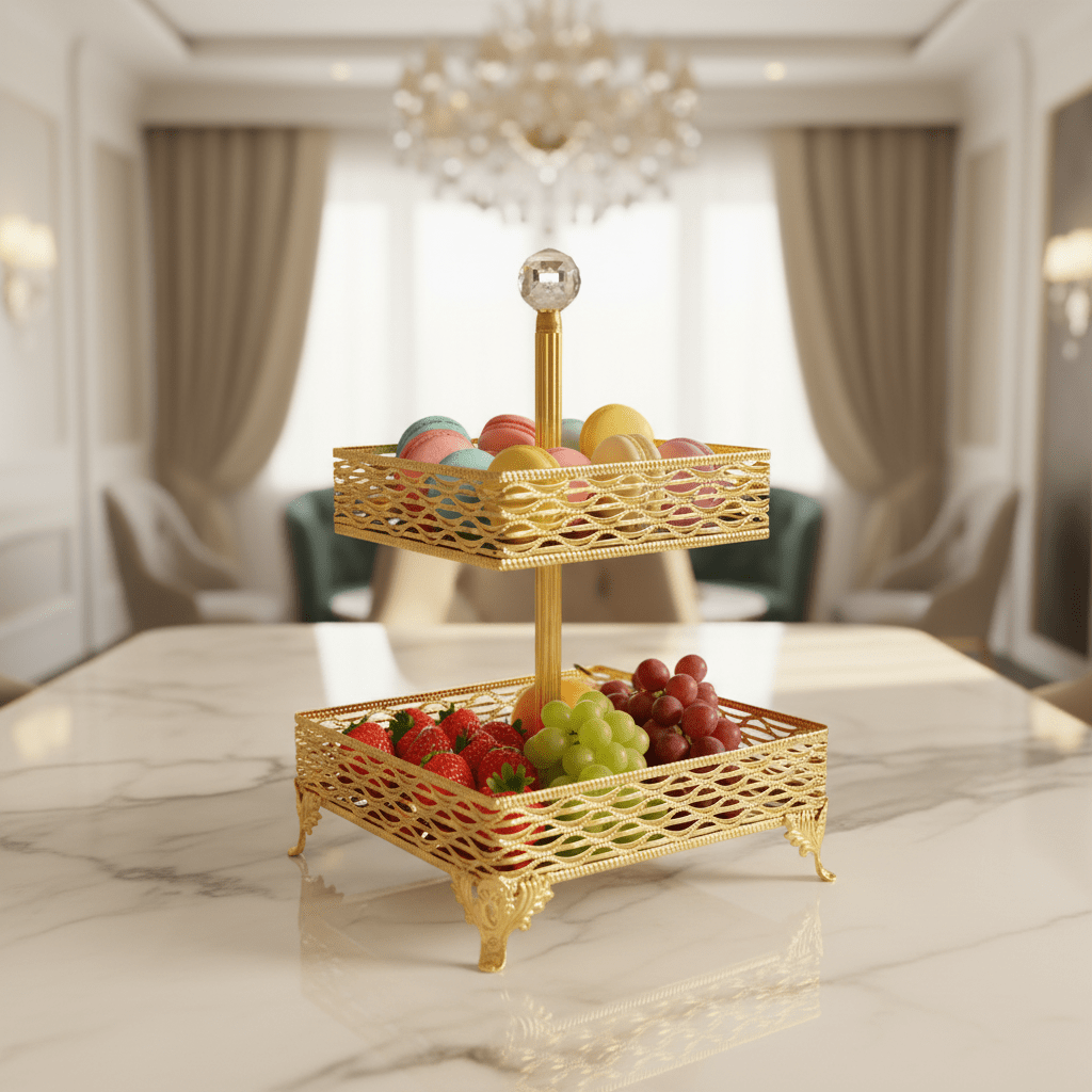 Zeyve 2 - Tier Square Glass Fruit Stand with Gold Metal Frame – Elegant Serving Tray for Fruits, Desserts & Pastries – 14 × 18 × 30 cm - Al Kabayel Discount CentreZeyve 2 - Tier Square Glass Fruit Stand with Gold Metal Frame – Elegant Serving Tray for Fruits, Desserts & Pastries – 14 × 18 × 30 cmServing TraysZEYVEAl Kabayel Discount Centre