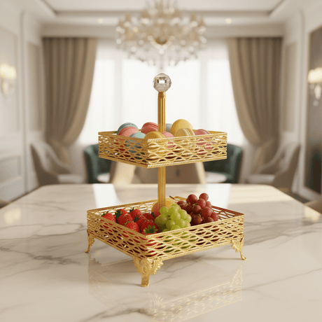 Zeyve 2 - Tier Square Glass Fruit Stand with Gold Metal Frame – Elegant Serving Tray for Fruits, Desserts & Pastries – 14 × 18 × 30 cm - Al Kabayel Discount CentreZeyve 2 - Tier Square Glass Fruit Stand with Gold Metal Frame – Elegant Serving Tray for Fruits, Desserts & Pastries – 14 × 18 × 30 cmServing TraysZEYVEAl Kabayel Discount Centre