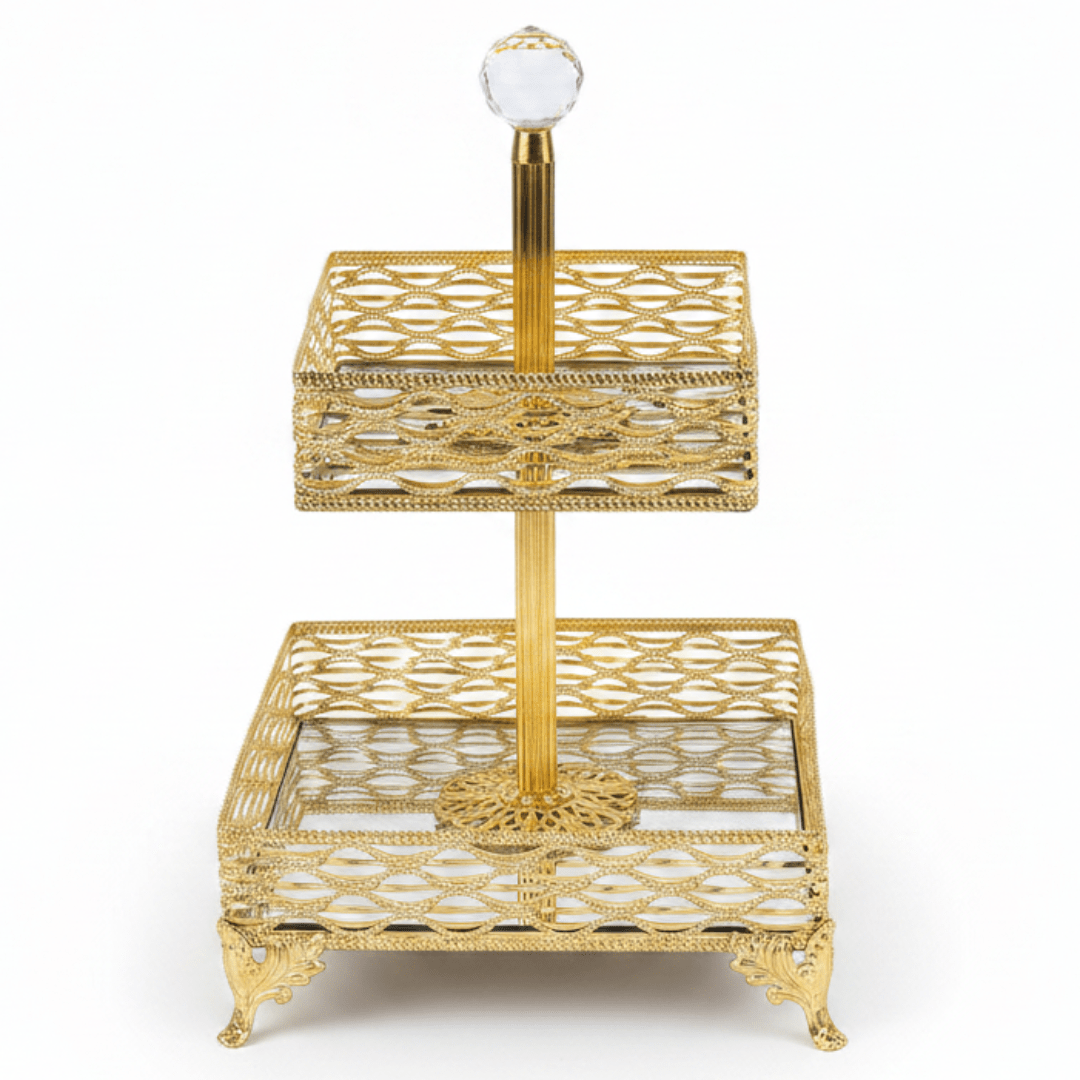Zeyve 2 - Tier Square Glass Fruit Stand with Gold Metal Frame – Elegant Serving Tray for Fruits, Desserts & Pastries – 14 × 18 × 30 cm - Al Kabayel Discount CentreZeyve 2 - Tier Square Glass Fruit Stand with Gold Metal Frame – Elegant Serving Tray for Fruits, Desserts & Pastries – 14 × 18 × 30 cmServing TraysZEYVEAl Kabayel Discount Centre