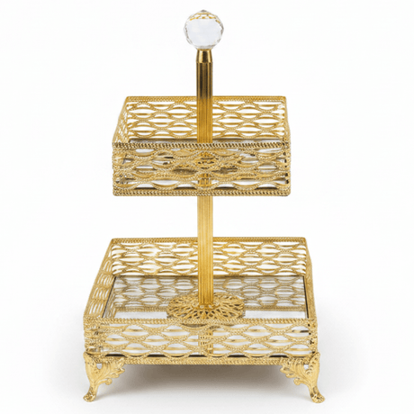 Zeyve 2 - Tier Square Glass Fruit Stand with Gold Metal Frame – Elegant Serving Tray for Fruits, Desserts & Pastries – 14 × 18 × 30 cm - Al Kabayel Discount CentreZeyve 2 - Tier Square Glass Fruit Stand with Gold Metal Frame – Elegant Serving Tray for Fruits, Desserts & Pastries – 14 × 18 × 30 cmServing TraysZEYVEAl Kabayel Discount Centre